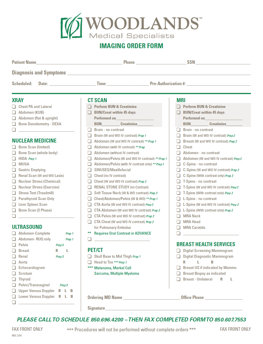 Download Imaging Order Form Woodlands Medical Specialists